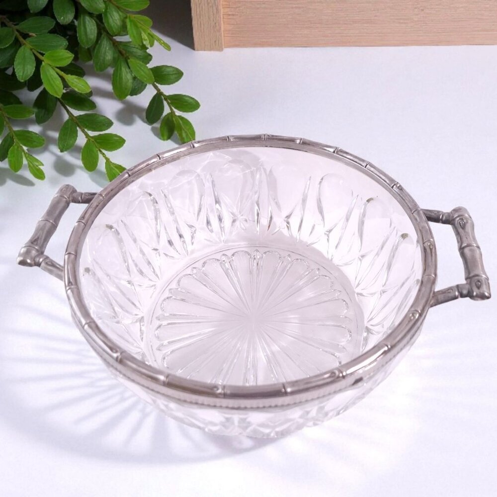 Vintage Italian Glass Bowl with Silver Bamboo Pattern Handles | Clear Pressed Gl